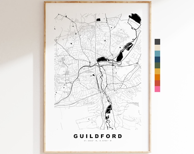 Guildford Map Print - Minimalist City Map Poster - Map Wall Art - UK - Guildford Print - Guildford Poster - Different Colours Available
