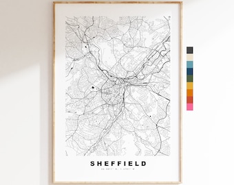 Sheffield Map Print - Minimalist City Map Poster - Map Art - UK - Sheffield Print - Sheffield Poster - Different Colours Available