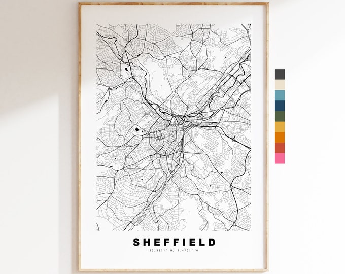 Sheffield Map Print - Minimalist City Map Poster - Map Art - UK - Sheffield Print - Sheffield Poster - Different Colours Available