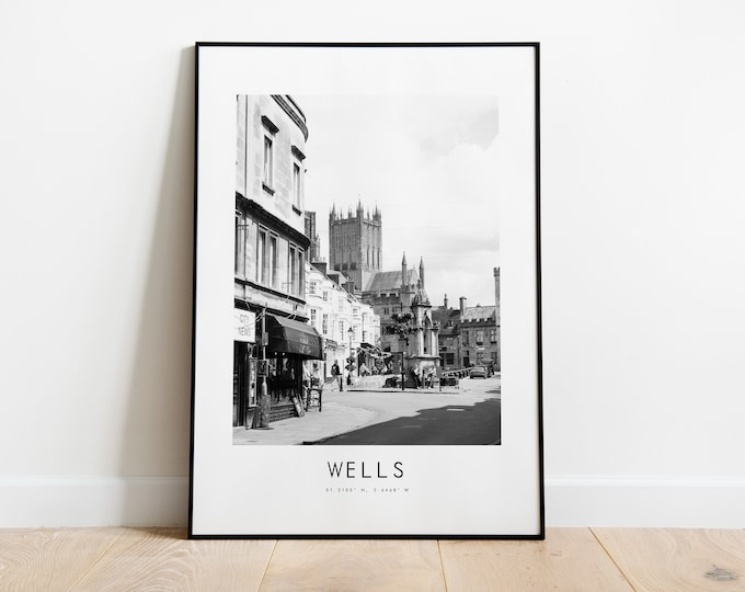 Wells City Poster Print - Black and White Minimalist City Print - Coordinates - Wells Poster - Wells Art Print - Wells Print - Gift - UK