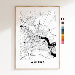 Amiens Impresión de mapas de la ciudad - Mapa de la ciudad minimalista - Arte de la pared del mapa - Impresiones o impresiones enmarcadas