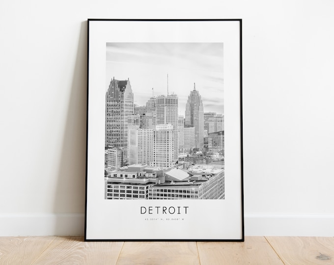 Detroit City Poster Print - Black and White Minimalist City Print - Coordinates - Detroit Poster - Detroit Art Print -  Detroit USA - Poster