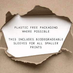 May include: A close-up of a torn piece of brown paper with a white piece of paper underneath. The white paper has the text "Plastic Free Packaging Where Possible. This Includes Biodegradable Sleeves For All Smaller Prints."