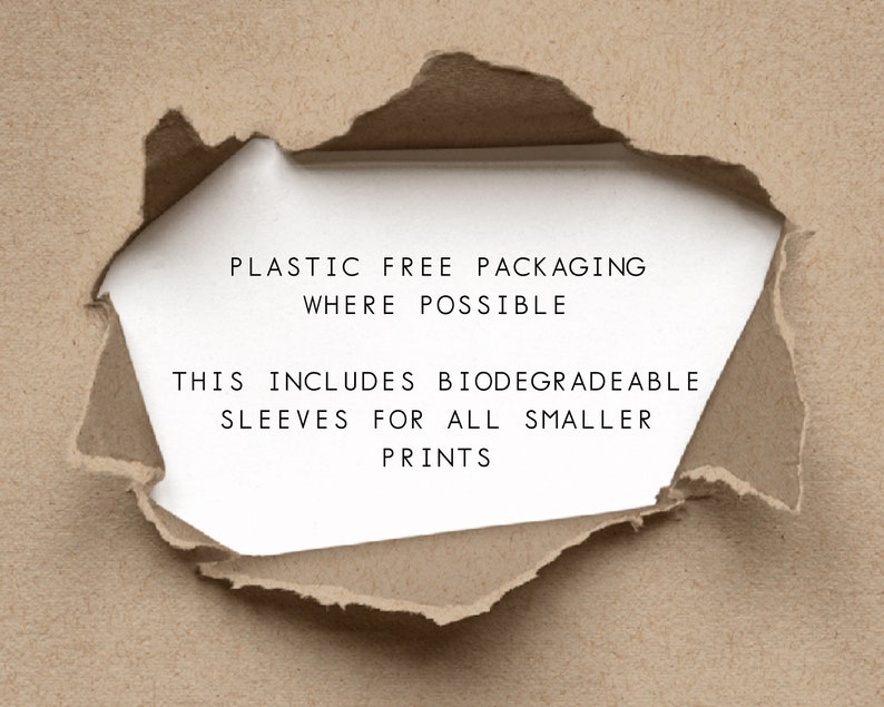 May include: A close-up of a torn piece of brown paper with a white piece of paper underneath. The white paper has the text "Plastic Free Packaging Where Possible. This Includes Biodegradable Sleeves For All Smaller Prints."