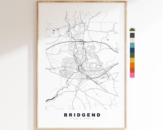 Bridgend Map Print - Minimalist City Map Poster - Map Art - Wales - Bridgend Print - Bridgend Poster - Different Colours Available