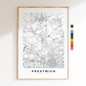 Impresión del mapa de Prestwich - Póster minimalista de mapa urbano - Arte cartográfico - Reino Unido - Impresión de Prestwich - Prestwich, Mánchester - Diferentes colores disponibles