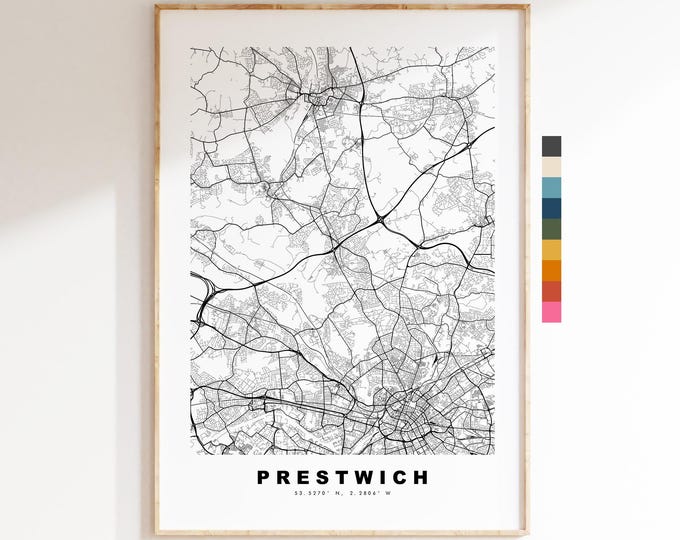 Prestwich Map Print - Minimalist City Map Poster - Map Art - UK - Prestwich Print - Prestwich, Manchester - Different Colours Available
