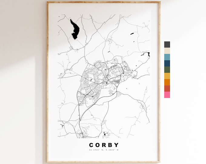 Corby Map Print - Minimalist City Map Poster - Map Art - UK - Corby Print - Corby Poster - Different Colours Available