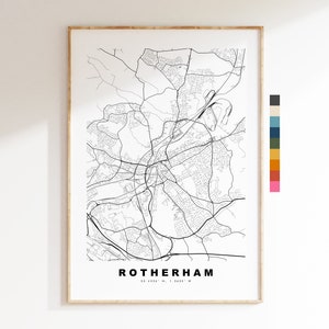 Impresión de mapa de Rotherham - Póster de mapa de ciudad minimalista - Arte de mapas - Reino Unido - Impresión de Rotherham - Póster de Rotherham - Diferentes colores disponibles