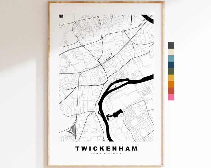 Twickenham Map Print - Minimalist City Map Poster - Map Art - London, UK - Twickenham Print - Poster - Different Colours Available