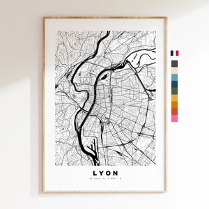 Lyon Impresión de mapas de la ciudad - Mapa de la ciudad minimalista - Arte de la pared del mapa - Impresiones o impresiones enmarcadas