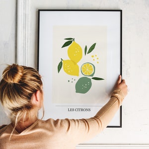 May include: A framed print with a stylized illustration of lemons and limes. The print has the text "Les Citrons" at the bottom.