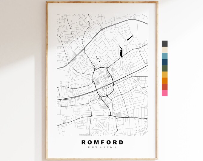 Romford Map Print - Minimalist City Map Poster - Map Art - London, UK - Romford Print - Romford Poster - Different Colours Available