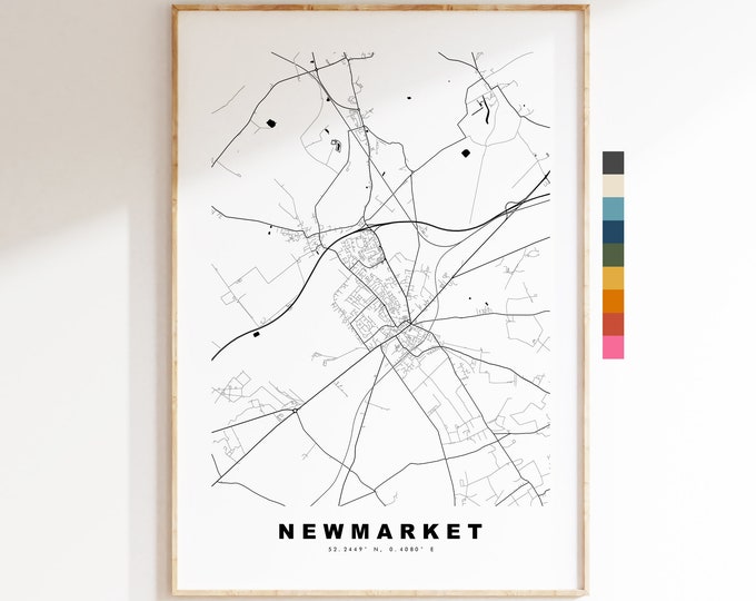 Newmarket Map Print - Minimalist City Map Poster - Map Wall Art - UK - Newmarket Print - Newmarket Poster - Different Colours Available
