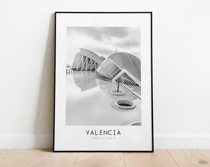 Valencia City Poster Print - Black and White Minimalist City Print - Coordinates - Valencia Poster - Valencia Art Print - Spain - Gift
