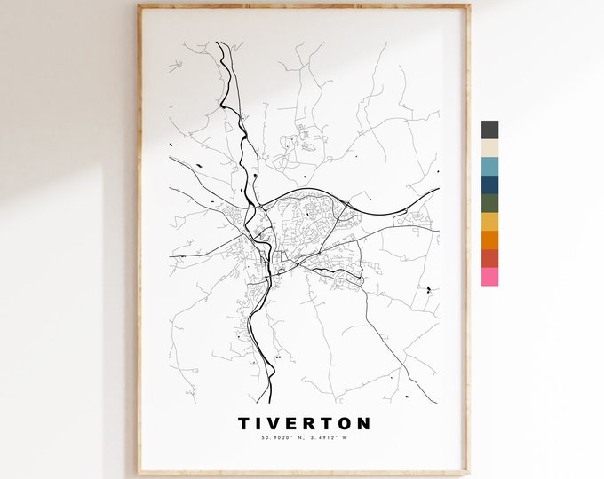 Tiverton Map Print - Minimalist City Map Poster - Map Art - UK - Tiverton Print - Tiverton Poster - Different Colours Available