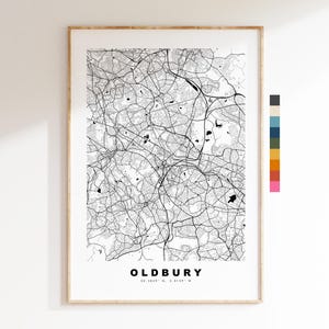 Impresión del mapa de Oldbury - Póster minimalista de mapa urbano - Arte cartográfico - Reino Unido - Impresión de Oldbury - Oldbury, Midlands Occidentales - Diferentes colores disponibles