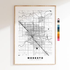 Modesto Carte de la ville Imprimer - impression de carte - art de la carte - estampes ou impressions encadrées - minimaliste - États-Unis