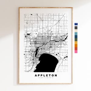 Puede incluir: Impresión de mapa en blanco y negro de Appleton, Wisconsin. El mapa muestra las calles y vías fluviales de la ciudad, incluido el lago Winnebago. El nombre de la ciudad está impreso en negrita en la parte inferior del mapa.