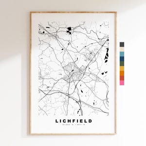 Impresión del mapa de Lichfield - Póster minimalista de mapa urbano - Arte cartográfico - Reino Unido - Impresión de Lichfield - Lichfield, Staffordshire - Diferentes colores disponibles