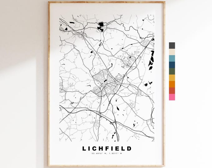 Lichfield Map Print - Minimalist City Map Poster - Map Art - UK - Lichfield Print - Lichfield, Staffordshire - Different Colours Available