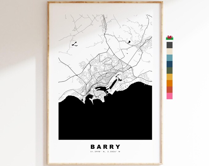 Barry Map Print - Minimalist City Map Poster - Map Art - Wales - Barry Print - Barry Poster - Different Colours Available