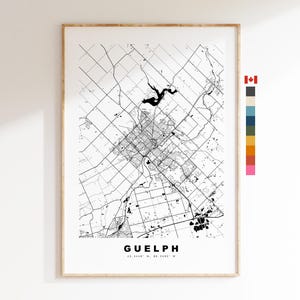 May include: A black and white map of Guelph, Ontario, Canada. The map shows the city's streets and neighbourhoods. The city's name is printed in bold at the bottom of the map.
