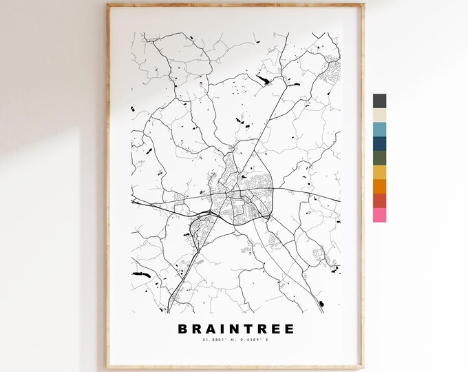 Braintree Map Print - Minimalist City Map Poster - Map Art - UK - Braintree Print - Braintree, Essex - Different Colours Available