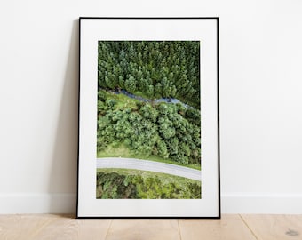 Forest Trees Print - Fine Art Photography Print - Aerial Photography - Modern - Aerial View - Road Through Trees - Minimalist Print
