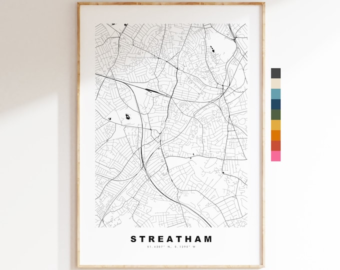 Streatham Map Print - Minimalist City Map Poster - Map Art - UK - Streatham Print - Streatham Poster - Different Colours Available