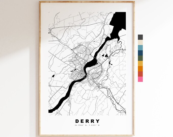 Derry Map Print - Minimalist City Map Poster - Map Art - UK - Londonderry Print - Derry Poster - Different Colours Available