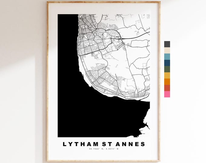 Lytham St Annes Map Print - Minimalist City Map Poster - Map Art - UK - Lytham St Annes Print - Lancashire - Different Colours Available