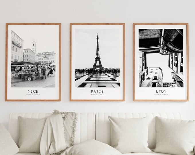 France Poster Print Set - Paris - Lyon - Nice - Black and White Minimalist Prints - Hallway - Living Room - City Posters - Home Decor