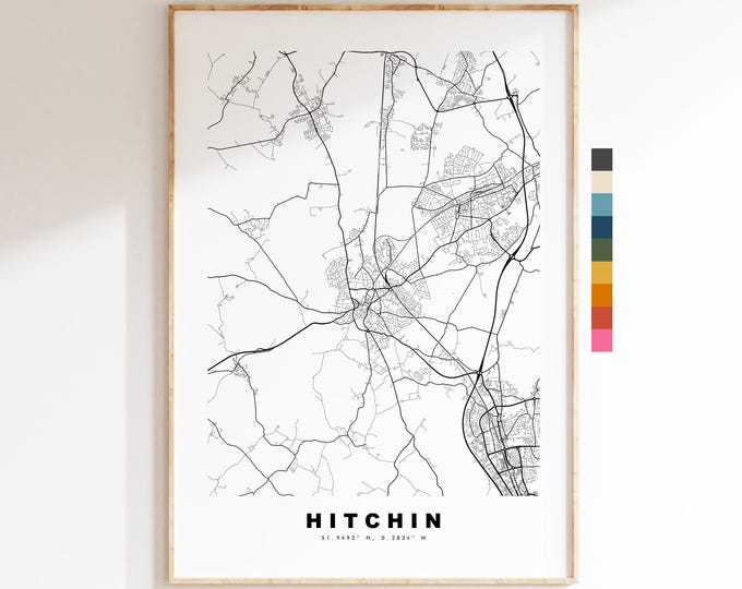 Hitchin Map Print - Minimalist City Map Poster - Map Art - UK - Hitchin Print - Hitchin, Hertfordshire - Different Colours Available