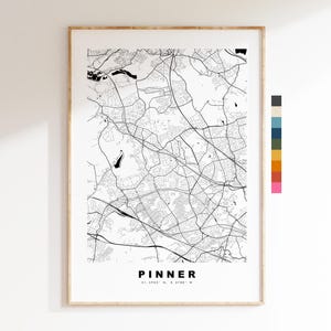 Impresión de mapa de Pinner - Póster minimalista de mapa de ciudad - Arte de mapas - Reino Unido - Impresión de Pinner - Pinner, Londres - Diferentes colores disponibles