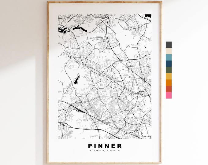 Pinner Map Print - Minimalist City Map Poster - Map Art - UK - Pinner Print - Pinner, London - Different Colours Available