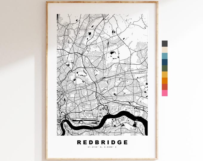 Redbridge Map Print - Minimalist City Map Poster - Map Art - UK - Redbridge Print - Redbridge, London - Different Colours Available