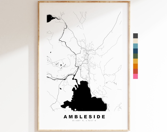 Ambleside Map Print - Minimalist City Map Poster - Map Art - Cumbria - Ambleside Print - Ambleside Poster - Different Colours Available