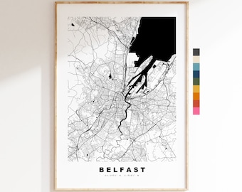 Impression de carte de Belfast - affiche de carte de la ville minimaliste - art de la carte - Royaume-Uni - impression de Belfast - affiche de Belfast - différentes couleurs disponibles