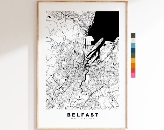 Belfast Map Print - Minimalist City Map Poster - Map Art - UK - Belfast Print - Belfast Poster - Different Colours Available