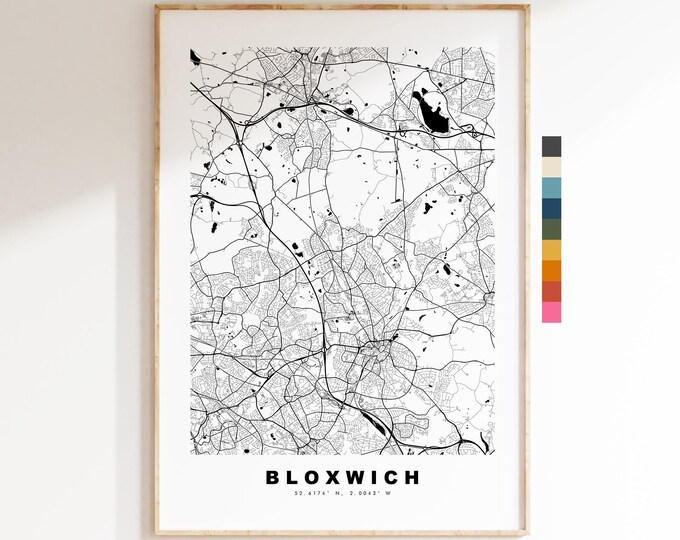 Bloxwich Map Print - Minimalist City Map Poster - Map Art - UK - Bloxwich Print - Bloxwich, West Midlands - Different Colours Available