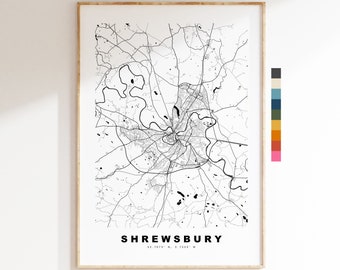 Shrewsbury Map Print - Minimalist City Map Poster - Map Art - UK - Shrewsbury Print - Shrewsbury Poster - Different Colours Available