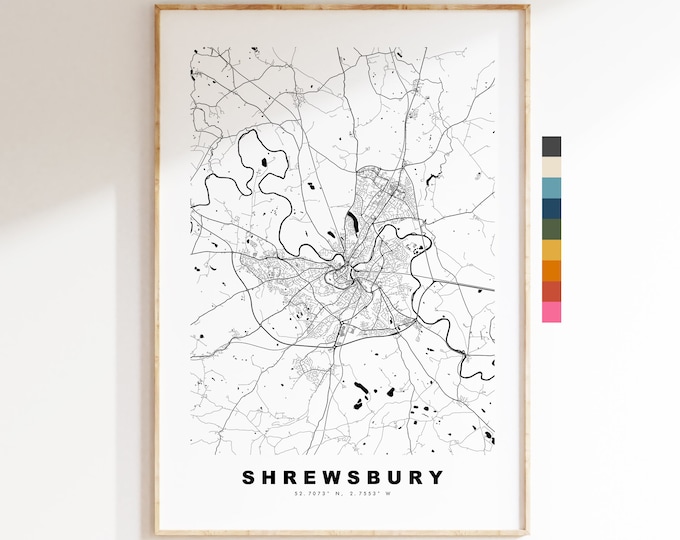 Shrewsbury Map Print - Minimalist City Map Poster - Map Art - UK - Shrewsbury Print - Shrewsbury Poster - Different Colours Available