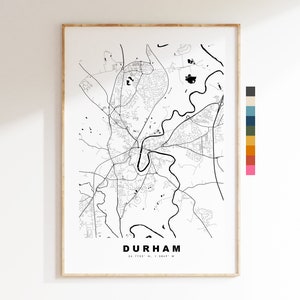 Impresión de mapa de Durham - Póster de mapa de ciudad minimalista - Arte de pared con mapas - Reino Unido - Impresión de Durham - Póster de Durham - Diferentes colores disponibles