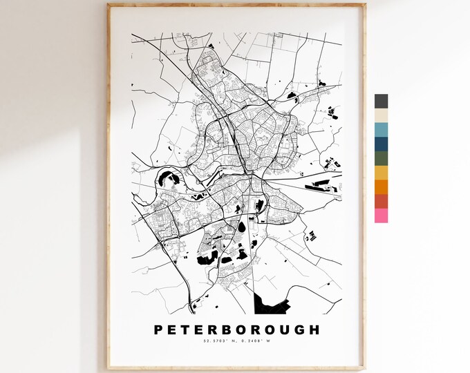 Peterborough Map Print - Minimalist City Map Poster - Map Art - UK - Peterborough Print - Peterborough Poster - Different Colours Available