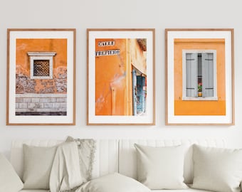 Orange Colour Print Set - Venice Photography Print Set Set - Orange White Wall Art - Orange - Architectural detail - Rustic Decor - Window