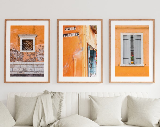 Orange Colour Print Set - Venice Photography Print Set Set - Orange White Wall Art - Orange - Architectural detail - Rustic Decor - Window