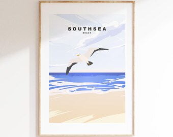 Southsea Beach Travel Poster - Wall Art Print - Southsea and Portsmouth Travel Posters - Minimalist Retro Style - Prints or Framed Prints
