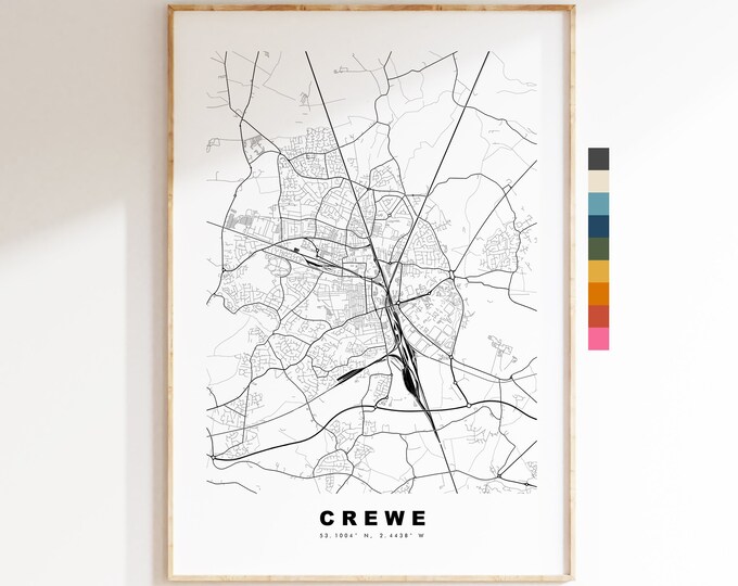 Crewe Map Print - Minimalist City Map Poster - Map Wall Art - UK - Crewe Print - Crewe Poster - Different Colours Available