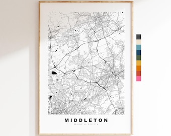 Stampa mappa di Middleton - Poster mappa città minimalista - Arte mappa - Regno Unito - Stampa Middleton - Greater Manchester - Diversi colori disponibili